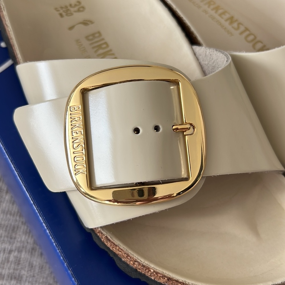 NWT Birkenstock Madrid High Shine Ecru Big Buckle Gold Beige Sandals - Picture 12 of 15